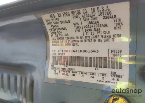 1990 Ford Ranger z USA, uszkodzony, nr VIN 1FTCR10A3LPB61343